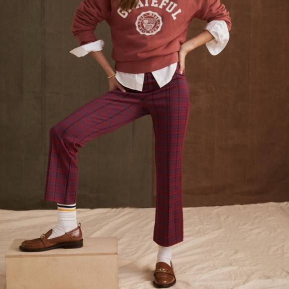 Anthropologie Pants - Anthropologie Maeve Margot Red Blue Plaid Flare Leg Pull On Stretch Pants New XS